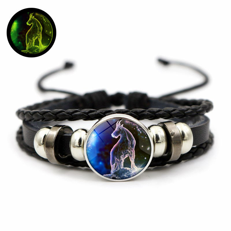 Doce de la constelación al por mayor brillo de piedra en la oscura pulsera de cuero con cuentas tejidas a mano